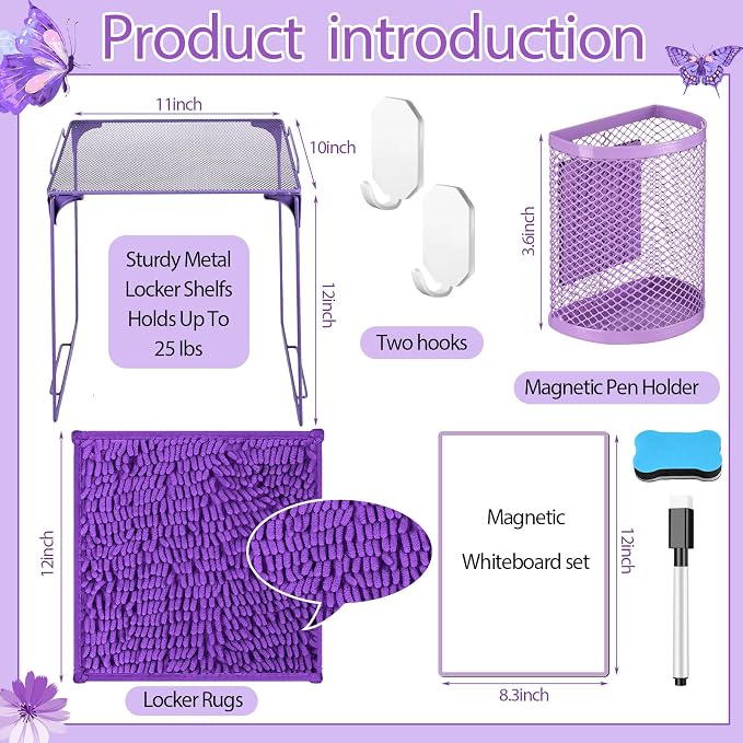 18 Pcs Purple Butterfly Locker Accessories Kit for Girls Back to School Essentials with Magnetic Wallpaper Shelf Mirror Pen Holder Dry Erase Pen Rug Nails Locker Decorations for Office School Supplies