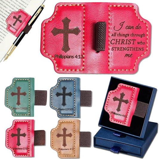 Bygone Mark Personalized Magnetic Leather Bookmark with Pen Holder,Inspirational Bible Verse Religious Bookmarks,Christian Book Lovers Reading Accessory for Men Women (RED, Philippians 4:13)