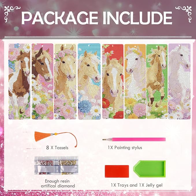 Horse Diamond Art Bookmarks - 8 PCS DIY Diamond Painting Bookmarks Kits Aesthetic Art Craft Supplies, Horse Gift for Women, Birthday Gift for Reading Lover Beginners