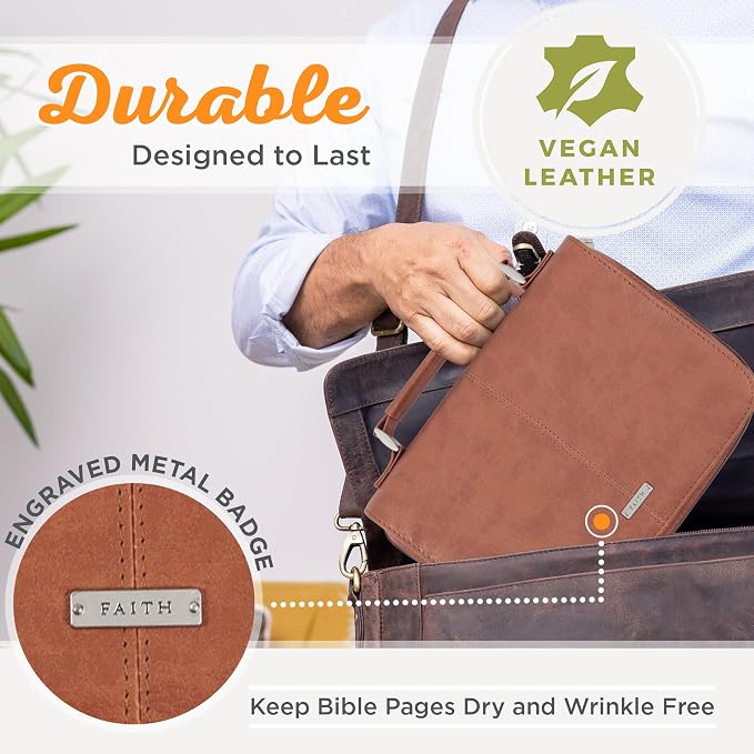 Christian Art Gifts Men/Women's Classic Bible Cover Faith Badge, Brown Faux Leather, Medium