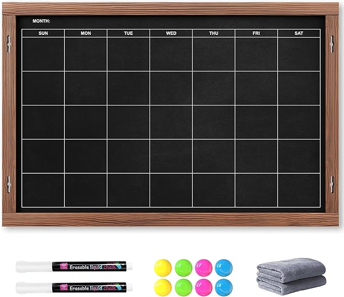 2-in-1 Double-Sided Magnetic Chalkboard 24"x16", Chalk Calendar Board & Large Blackboard for Kitchen & Home Decor, Schedule, Menu, Back-to-School Gift - Hanging Chalk Board with 2 Liquid Pens, Brown