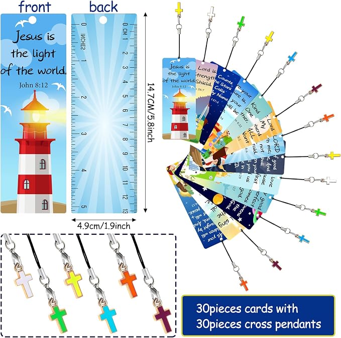 30 Pieces Christian Bookmarks for Kids Bible Verse Bookmarks with Cross Pendants Scripture Inspirational Quotes School Gifts Church Supplies for Kids Teens Adult Teachers