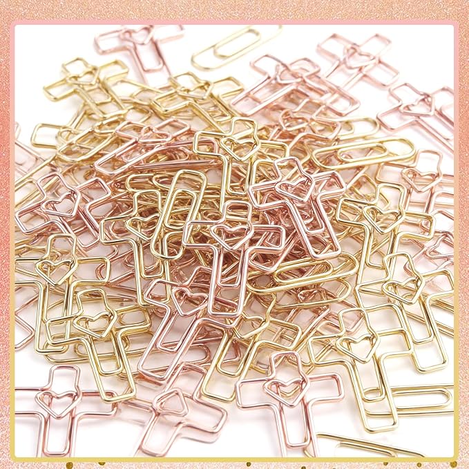 100 PCS Heart Cross Paper Clips for Bible Study Supplies,Christian Gifts,Jesus Bible Stuff Bookmark journaling Supplies Accessories, Easter Eggs fillers, Teacher Gifts (Gold and Rose)