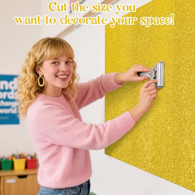 gisgfim 16" x20ft Glitter Bulletin Board Paper Roll Sparkle Color Bulletin Board Background Poster Paper Non Fading Gift Wrapping DIY Art Crafts for Office Classroom Decoration, Lemon Yellow