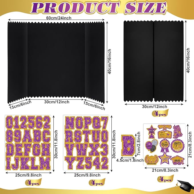 AmazingSpark 4 Sets Graduation Photo Display Board Trifold Poster Board with 12 Graduation Themed Stickers for 2026 Grad Party Decoration Picture Collage Frame Supplies (24 x 16,Purple Gold)