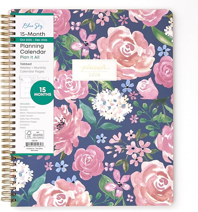 Blue Sky 15 Month 2026 Weekly and Monthly Planner Calendar, October 2025 - December 2026, 8.5" x 11", Laminated Cover, Durable Twin Wire Binding, Laminated Tabs, Storage Pocket, Includes Stickers, Alya