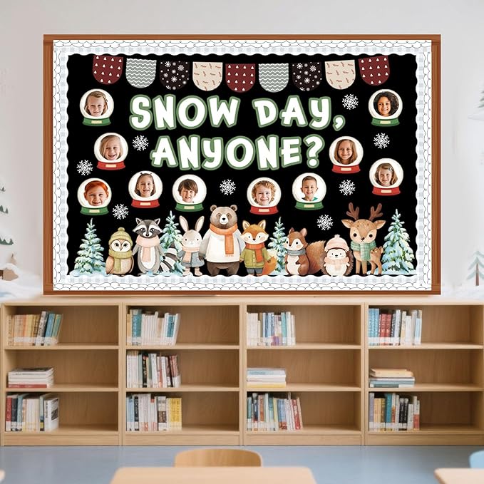 Funrous 68 Pcs Winter Woodland Bulletin Board Decoration Set DIY Photo Forest Animal Classroom Bulletin Board Snow Day Cutouts for Xmas Winter Holiday Party School Classroom Wall Decorations