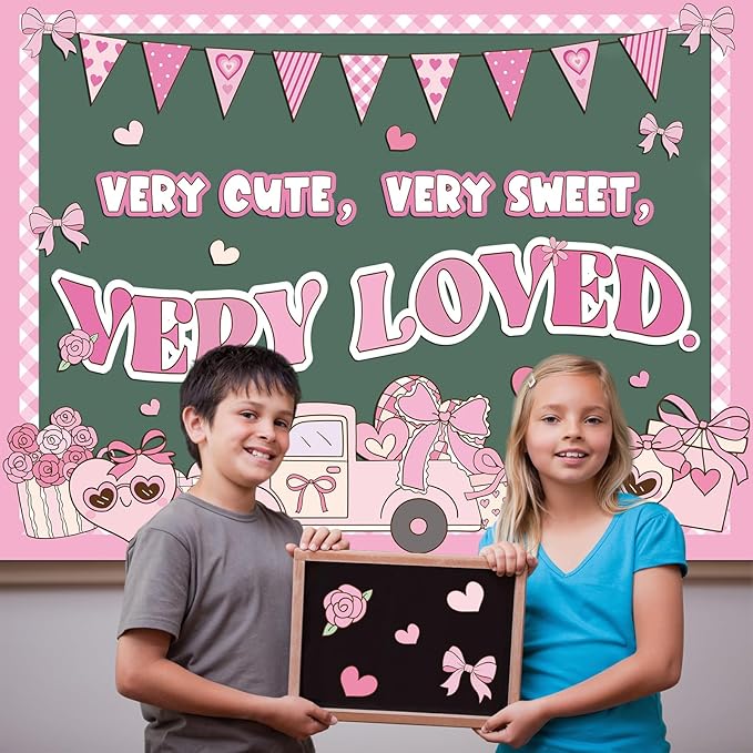 Glenmal Valentine's Day Bulletin Board Set Very Cute Sweet Loved Pastel Heart Girly Classroom Decoration Truck Flower Candy Cutouts for School Classroom Chalkboard Decoration