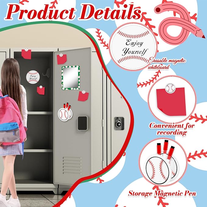 Demonwer 12 Pcs Locker Accessories Kit Baseball Themed Magnetic Whiteboard Mirror Pen Holder for Back to School Essentials Locker Decorations