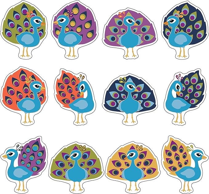 Carson Dellosa 36-Piece Peacock Bulletin Board Decorations, Boho Bird Cutouts for Zoo Animals and Jungle Theme Decorations, Name Tags, Party and Classroom Decor