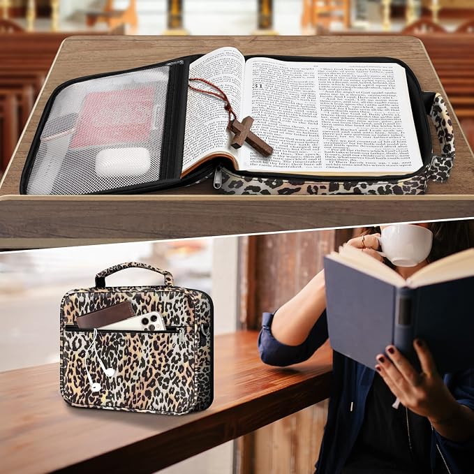 FINPAC Large Bible Cover w/Shoulder Strap, Carrying Book Case Church Bag Bible Protective w/Pen Slots and Zippered Pocket, Gift for Women Lady, Leopard