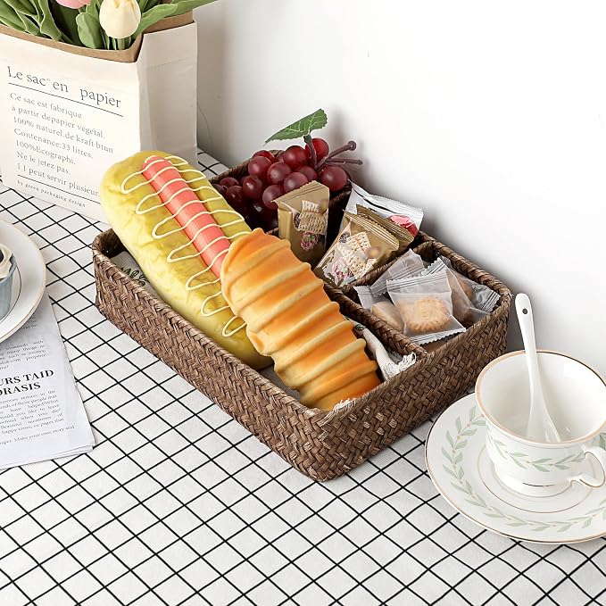BTSKY Desk Drawer Organizer Tray, Coffee Station Organizer Tea Bag Organizer, Woven Seagrass Storage Basket with 4 Divided Sections Handwoven Wicker Basket for Shelves, Pantry, Coffee Bar (Coffee)