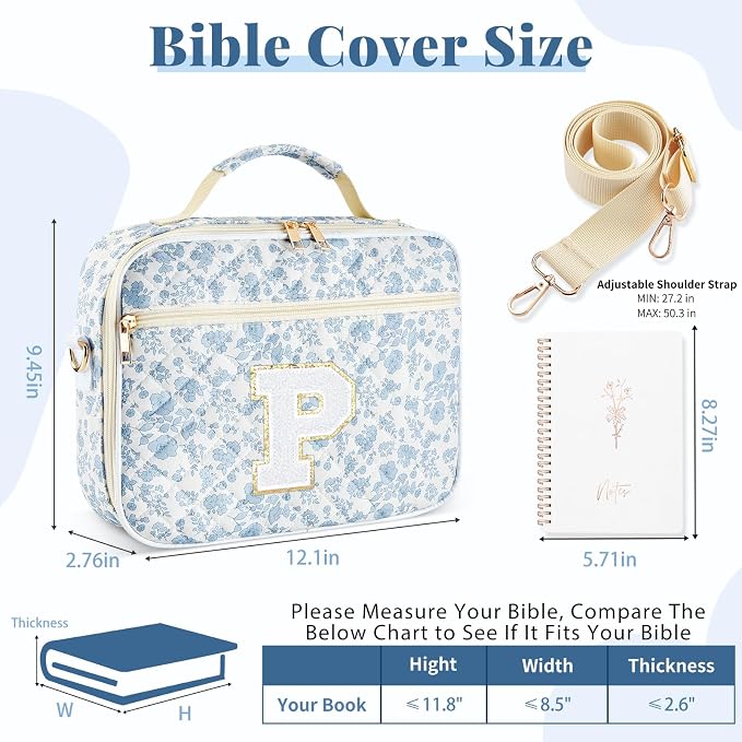 Personalized Initial Bible Cover Case for Women, Large Quilted Bible Bag with Durable Handle, Stylish Church Bag Journaling Kit with Study Supplies Accessories, Christians Gifts for Women (Blue-P)