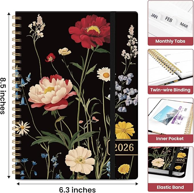 2026 Planner, Monthly and Weekly Calendar Planner for Women, Jan 2026 - Dec 2026, Hardcover Pretty 2026 Agenda Planner Book with Tabs, Spiral Bound, Perfect for School Office Home Supplies, 6.3" x 8.5" - Peony Bloom