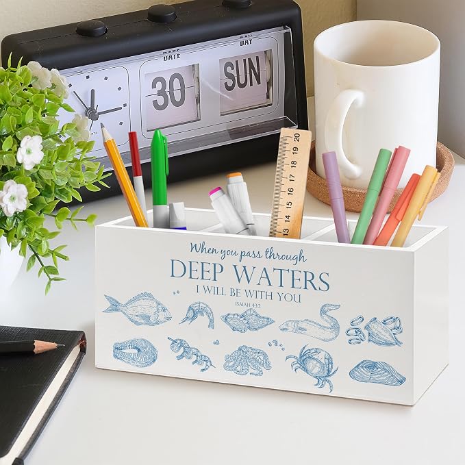Coastal Beach Christian Bible Verse Pen Holder, Christian Gifts Office Pen Pencil Holder Organizer for Desk Accessories, Ocean Religious Wooden Box Desk Decor for Home Office Desk Decorations