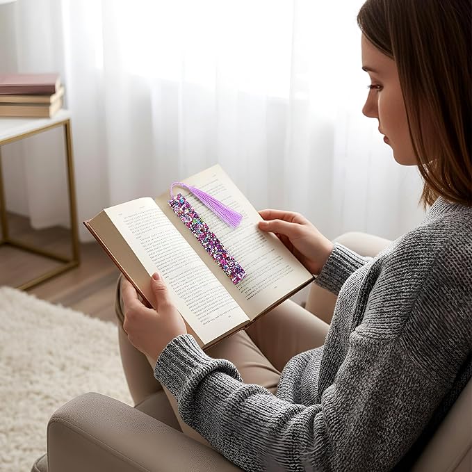 4Pcs Glitter Bookmarks for Girls, Acrylic Bookmark with Colorful Tassels for Women Girls Book Lovers Birthday Gifts Reading Presents (Purple+Pink)