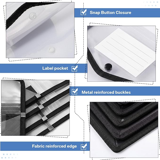 Epakh 10 Pieces Plastic File Folders Envelope Expanding File Wallet Organizer Documents Folder with Snap Closure and Pocket, A4 Size Waterproof Transparent Pouch(Black,Vertical)