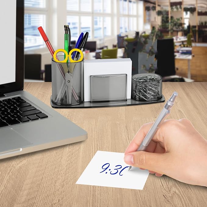 Acrimet Millennium Desk Organizer Cup Caddy – Plastic Desktop Holder for Pen, Pencil, Clips, Desk Accessories & Memo Paper – Includes 200 Sheets of Memo Paper (Clear Gray Color)