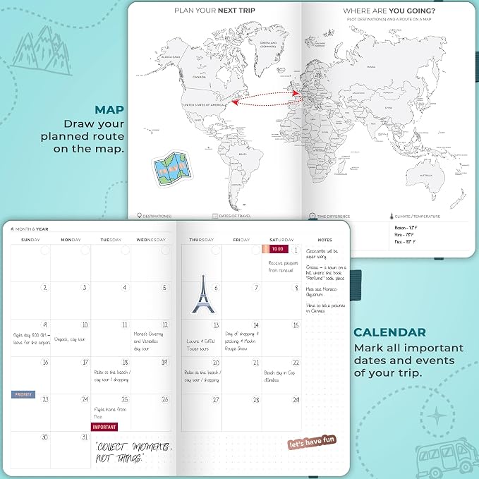 Clever Fox Travel Journal - Itinerary Travel Planner Organizer for Women, Men and Couples, Travel Log Journal, Lasts 5 Trips, A5 (Aquamarine, A5 (5.8" x 8.3"))