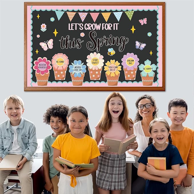 Spring Floral Bulletin Board Set Lets Grow Bulletin Board Spring Inspirational Flower Classroom Decor Spring Flower DIY Paper Cutout Positive Floral Decor for Office Door Wall Home Teacher