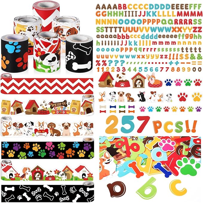 Kosiz Pet Dog Bulletin Board Decoration Set 118 ft Scalloped Bulletin Board Borders Classroom Poster Border Trim with 257 Pcs Letter Number Symbol Cutout for School Decor