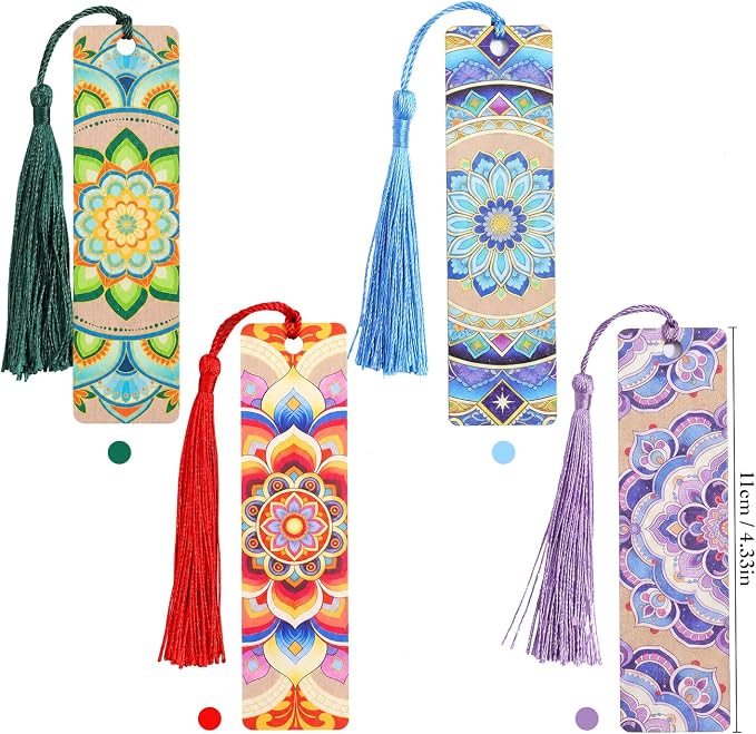 4 PCS Luxury Wooden Bookmarks with Tassel, Mandala Vintage Wood Bookmark, Flower Book Marks Gift for Women Reading Book Lovers Writers Readers Teens Girl Men Adults