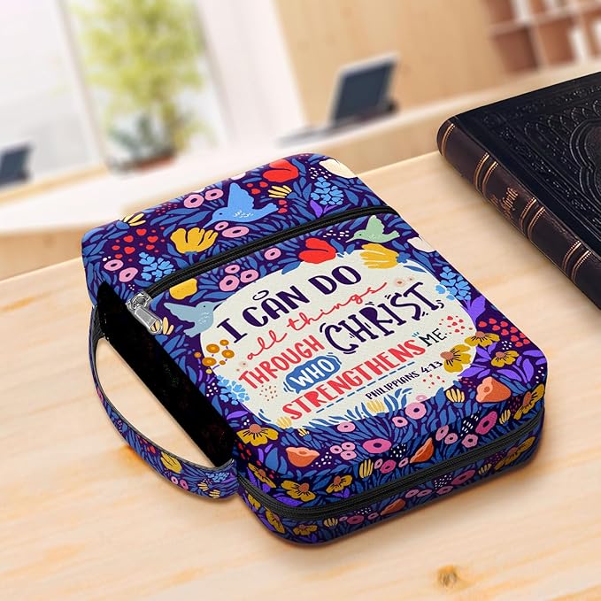 I Can Do All Things Bible Cover for Women with Handle and Zipper Pocket, Inspirational Floral Bible Case, Fits Standard Size Bible, Christian Gift for Girls, Church Use and Study