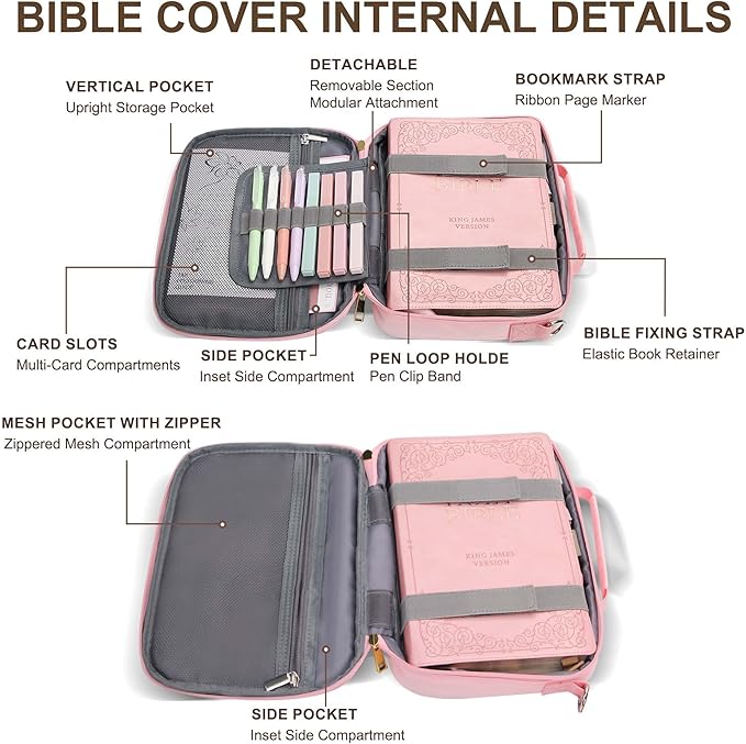 Bible Cover for Women, Bible Holder, Bible Cover Carrier Carrying Organizer Bag, Bible Study Supplies Accessories, Zipper and Pockets for Standard Size Bible, Gift for Women（pinkxiu）
