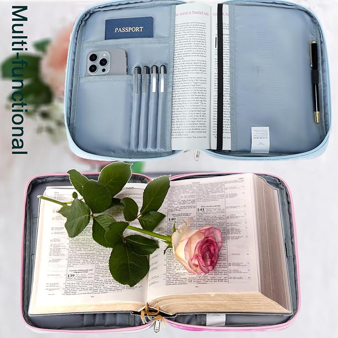 Octsky Bible Cover Carrying Book Case Church Bag Bible Protective with Handle and Zippered Pocket, Floral Blue