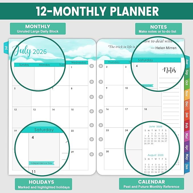 2026-2027 Planner Refills - 7-Hole Punched Planner Refills 2026-2027 with Colorful Tabs, JUL 2026 - JUN 2027, 5.5" x 8.5", A5 Planner Inserts, 26-27 Weekly and Monthly Planner Refill with Monthly Pages & Weekly Pages - Dopamine Color