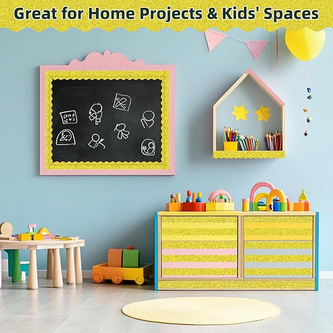 3 Rolls 98.4 Ft Glitter Bulletin Board Borders Set - Gold Bulletin Board Decorations for Classroom, Office，School Supplies & Home DIY - Perfect for Teachers, Posters & Birthday Party Decor