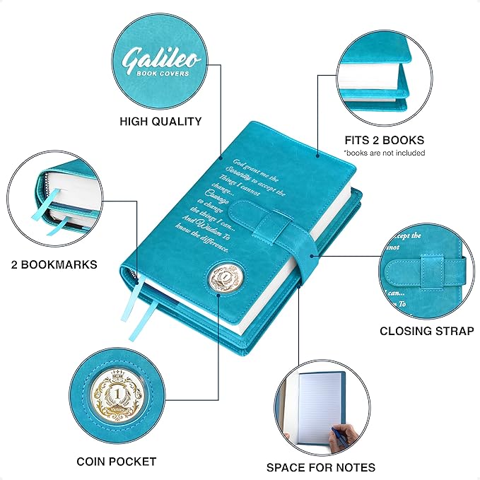 GALILEO® Double AA Big Book Cover & 12 Steps & 12 Traditions | AA Gift | Alcoholics Anonymous | PU Leather | Coin Holder | AA Book Covers for Hardcover (Serenity Prayer/Coin Pocket/Ocean Turquoise)