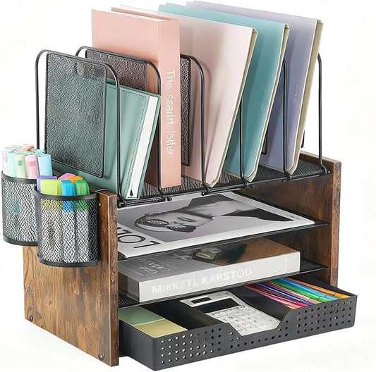 AUPSEN Desk Organizer with 5 Vertical File Holders, Storage Drawer & 2 Pen Holders, 5 Trays Paper Letter Tray Organizer, Mesh Desk Organizers and Accessories for Home Office (Vintage wood)