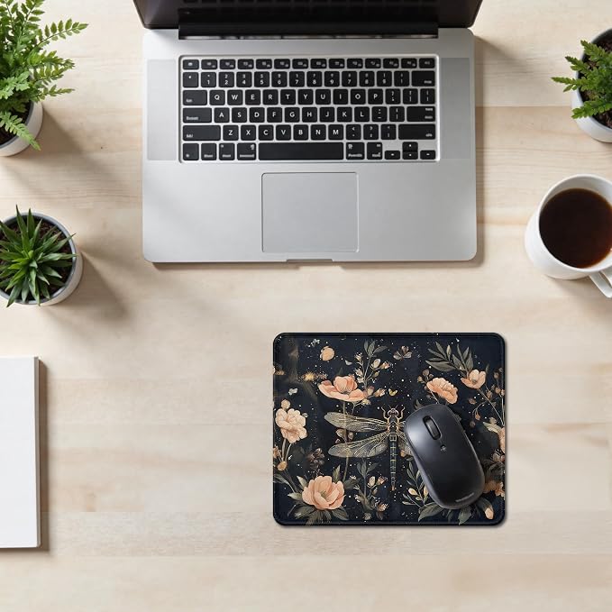 Vintage Boho Floral Dragonfly Mouse Pad, Dark Cottagecore Wildflower Botanical Round Mousepad for Home Office Computer Laptop Desk Accessories, Rustic Dragonfly Gifts, 7.9x7.9 Inch