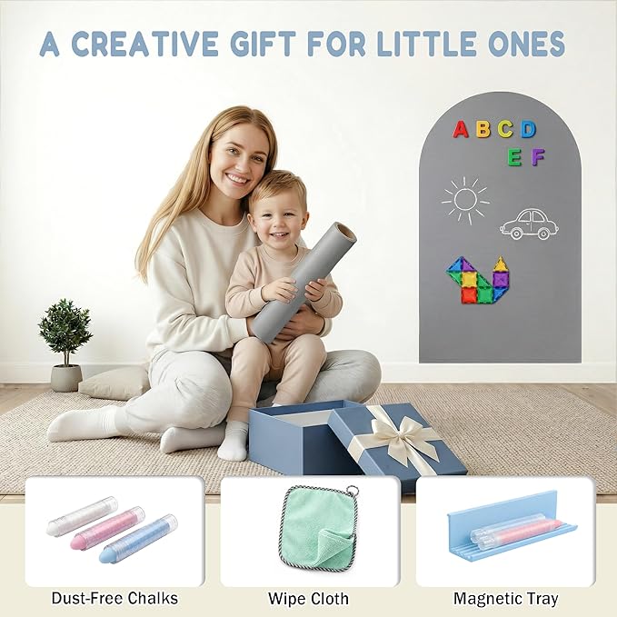 Magnetic Arch Wall Decal: Small 15.7" x 31.5" Peel and Stick Chalkboard with Strong Adhesive - Playroom Decor & Montessori-Inspired Spaces for Toddlers Ages 1–5 (Quiet Gray)