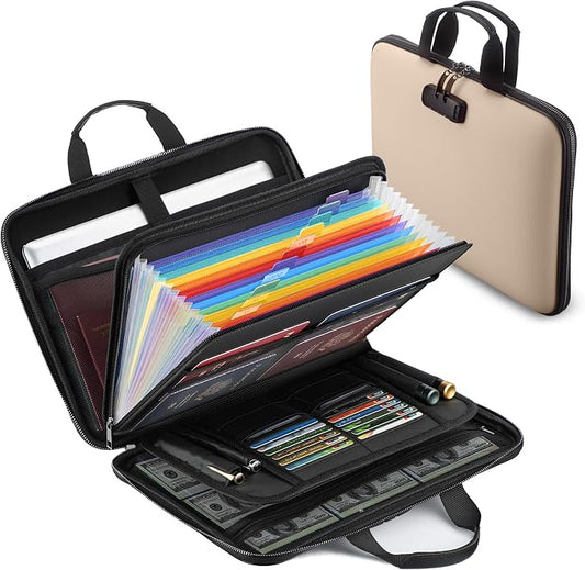 Fireproof Document Box with Combination Lock, Hard-Shell Fireproof File Organizer for Legal Documents, Laptop, Valuables & Important Papers, 13-Pocket Accordion File Folder