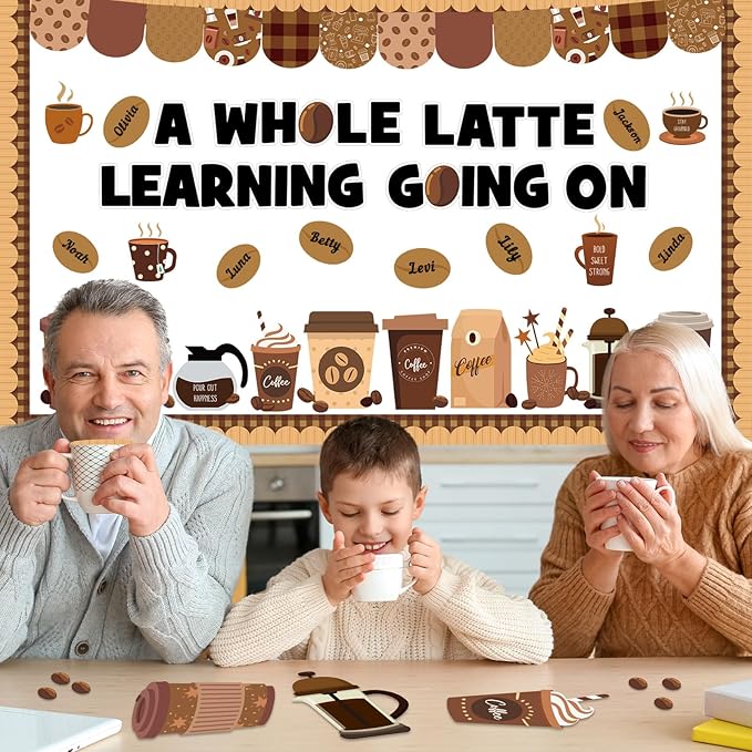 Coffee Bulletin Board Set Coffee Cup Classroom Decoration Latte Themed Paper Cutouts Positive Bulletin Board Border for Back to School Nursery Chalkboard Classroom Door Wall Decor Teacher Supplies