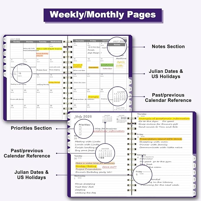 Ymumuda 2026 Planner, Daily Weekly and Monthly Planner，Jan 2026 - Dec 2026, 8.4" x 6.3", 2026 Calendar Planner Book with Tabs, Spiral Notebook with Inner Pocket for Office Home School Supplies