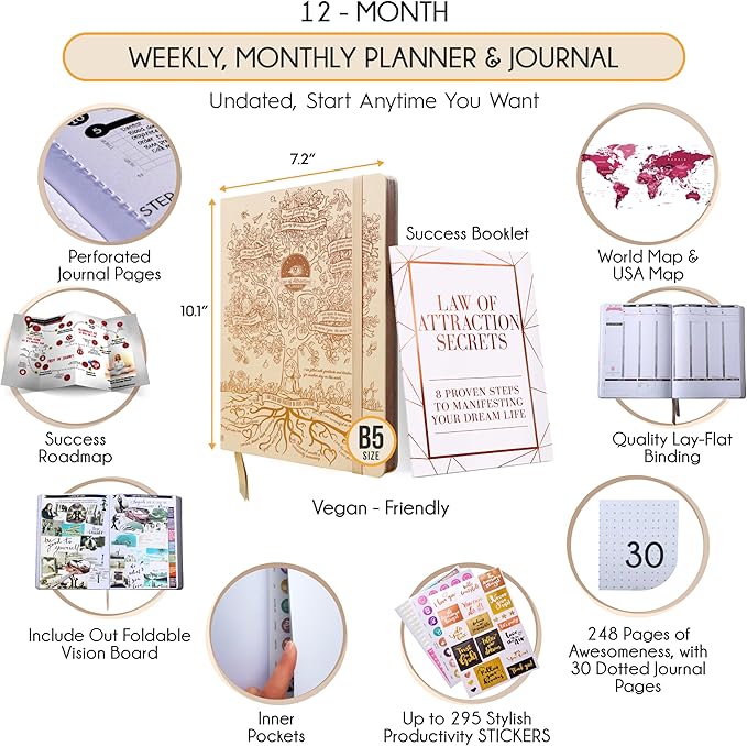 Deluxe Weekly and Monthly Planner | Law of Attraction Planner with Productivity App | 12-Month for Productivity, Gratitude & Goal Setting | Includes Foldable Vision Board, Gift Box & Stickers