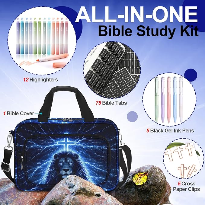 Lion Cross Large Bible Cover Case for Boys with Handle Zipper Pocket, Book Carrying Case with Pens Highlighters Cross Clips, Bible Study Supplies Journaling Kit, Christian Gifts for Men