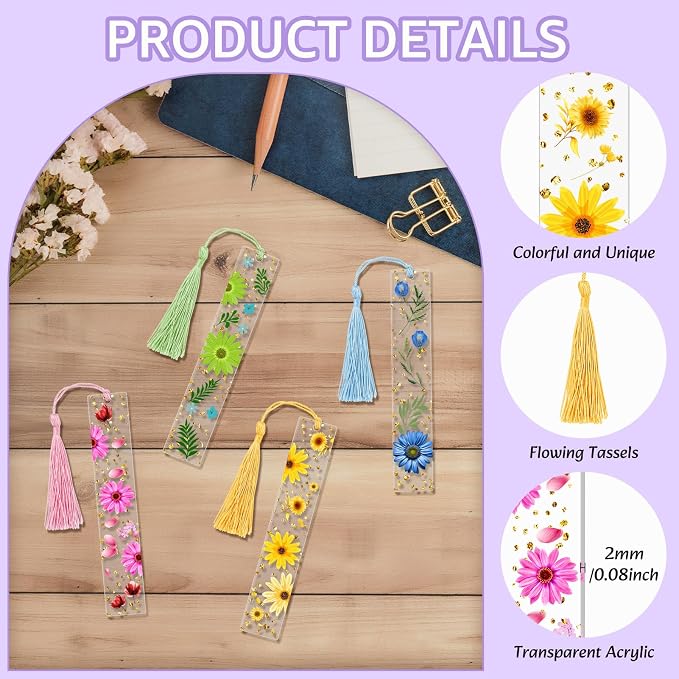 4 Pieces Pressed Flower Bookmarks for Men Women Book Lovers, Dried Flower Bookmarks with Tassels Transparent Acrylic Bookmark Floral Dried Flowers Page Marker for Reading Lover Students Teachers