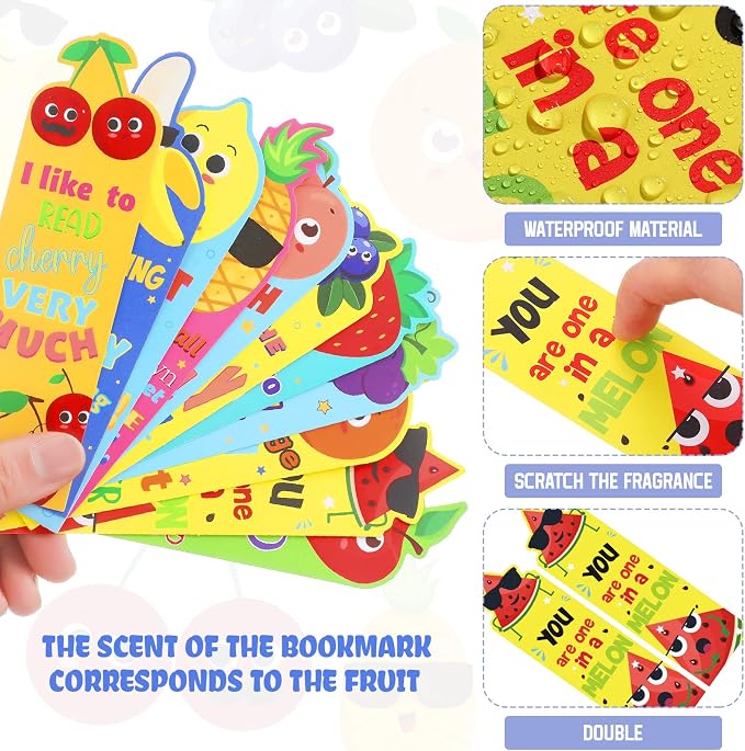 Fainne 60 Pieces Fruit Scented Bookmarks Kids Bulk Scratch and Sniff Classroom Valentines Day Back to School Bookmarks Gift Stuff for Students Christmas End of Year Graduation Birthday Favor