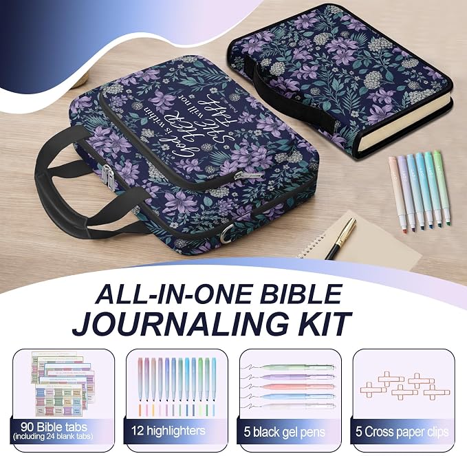Lilac Bible Cover Case for Women with Shoulder Strap & Handle Zipper Pocket, Large Bible Bag with Study Supplies Journaling Kit Book Carrying Case, Pens Highlighters Cross Clips Tabs