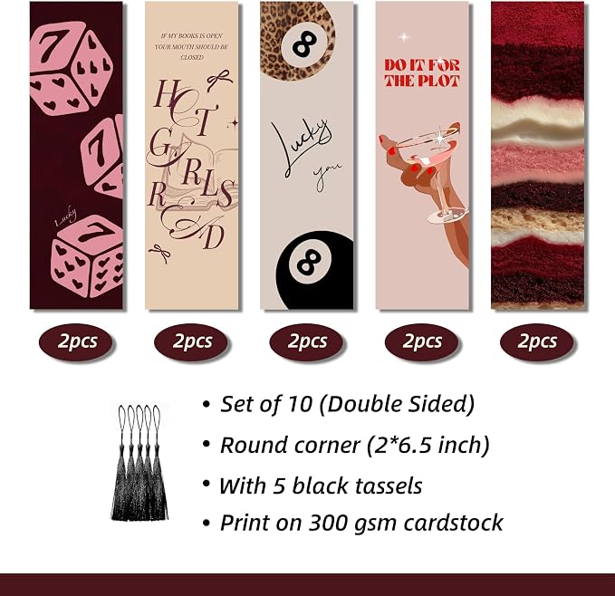 10 Pcs Cute Bookmarks for Women, Double Sided Book Marks for Reading Women, Funny Paper Book Markers Set, Pretty Gifts for Book Lovers, Club, Adults, Girls (Red)