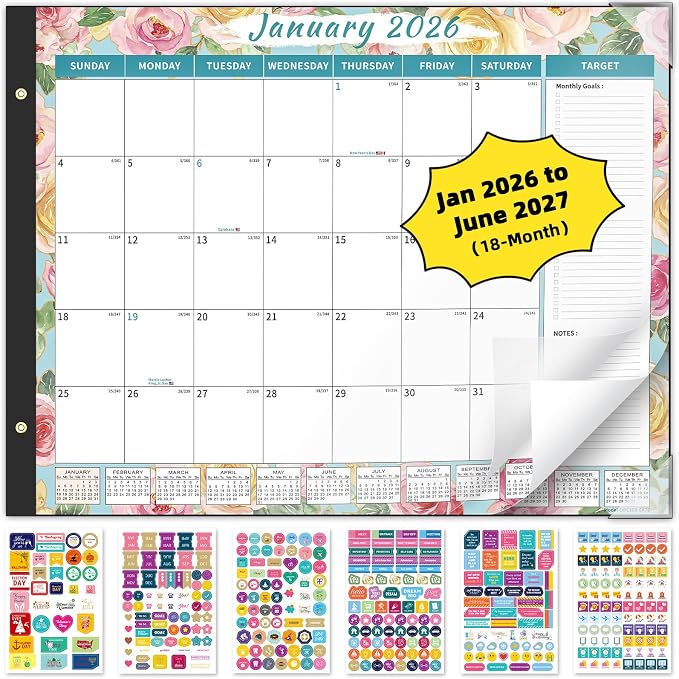 Ospelelf 2026 Desk Calendar Large 22'' x 17'', Monthly Desktop Calendar with Plastic Cover, 18 Month Calendar for Office, Family, Use Jan 2026 - June 2027, Floral