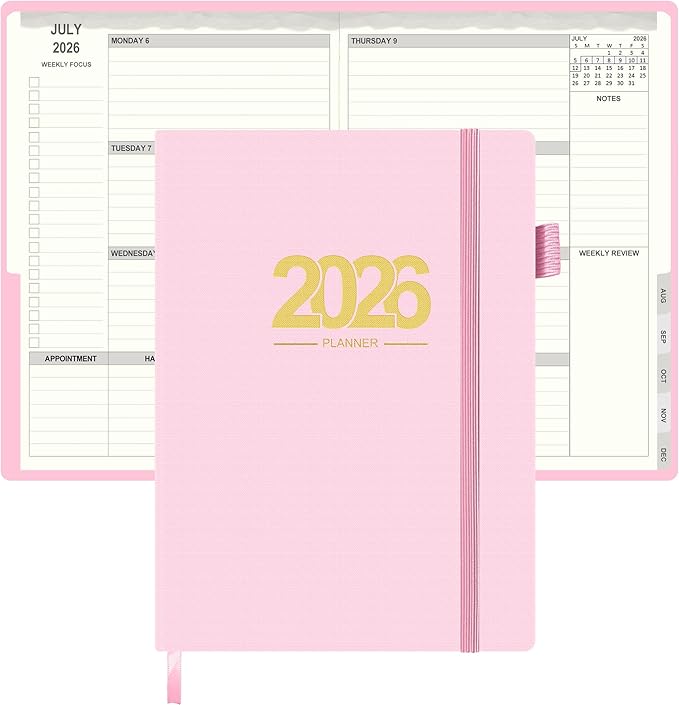 TIIKKASI 2026 Calendar Year Planner Weekly Monthly (Jan - Dec) 6'' x 8.5'' - 2 Pages Per Week - Lined Journal Notebook Minimalist Agenda Notes, Linen Cloth Book Bound Hard Cover, Pink