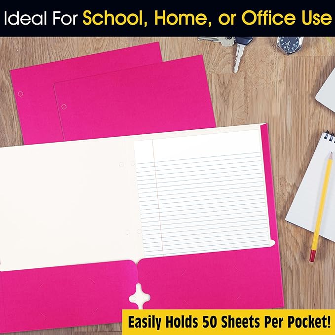2 Pocket Portfolio Folders, 25 Pack, Trendy Cool Colors, Fits Letter Size Paper, for School, Office, Home, Matte Finish (Hot Pink)