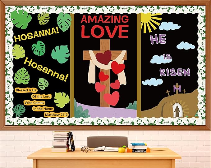 Easter Religious Bulletin Board Set Christian Jesus Classroom Decorations He is Risen Bulletin Board Easter Love Hearts Cross Jasmine Borders Cutouts for Sunday School Church Chalkboard Wall Decor
