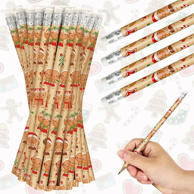 Whaline 36Pcs Christmas Pencils with Erasers Cute Gingerbread Man Writing Pencil Cartoon Christmas Wood Pencils for Winter Xmas Stationery Gift Party Favors