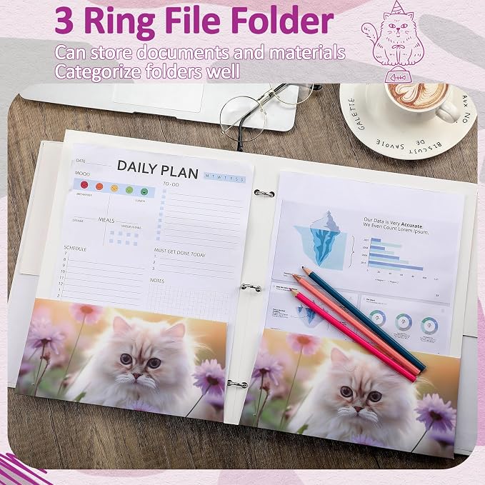 Handepo 18 pcs Pocket Folders 2 Pocket Letter Size 3 Ring File Folder Portfolio Kitten Decorative Folders for Teachers Students School Office Party Supplies 12X9.25 inch